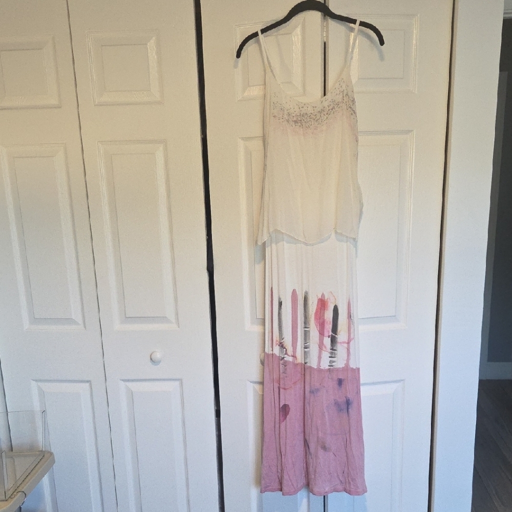 Italian Silk Overlay Maxi Dress White/Pink - Small
